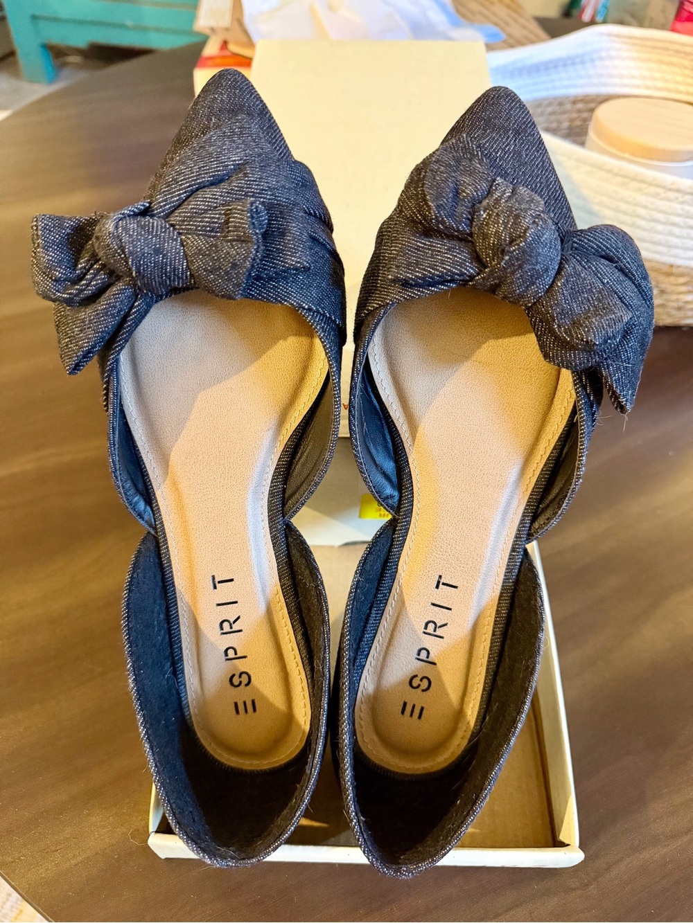 Esprit Women's Black Denim Pointed-Toe Flats with Bow Accent